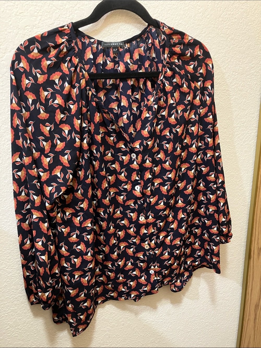 West Kei Navy Blouse with Coral and Cream Floral Print